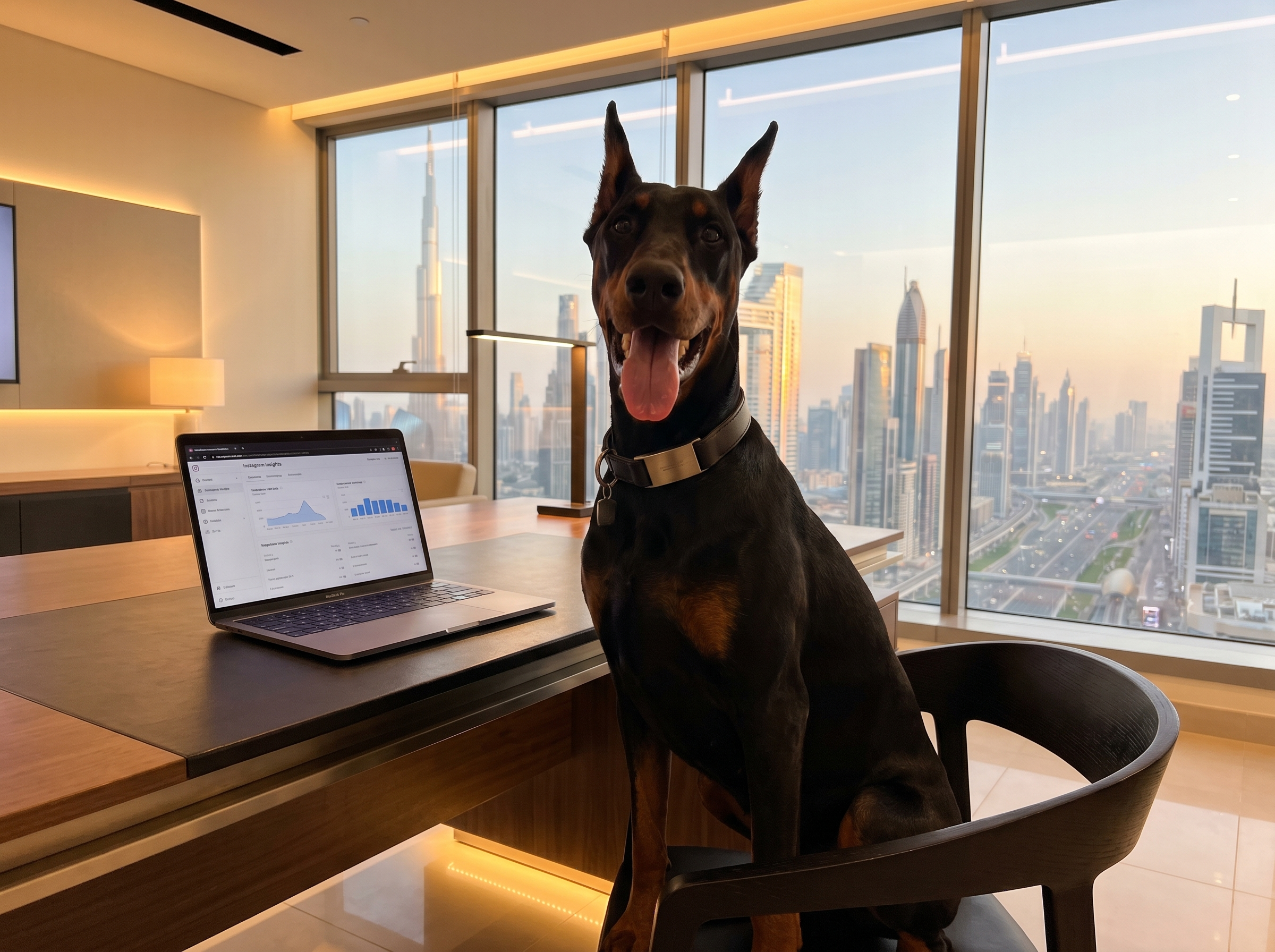 Doberman sitting at a desk in a Dubai skyline office