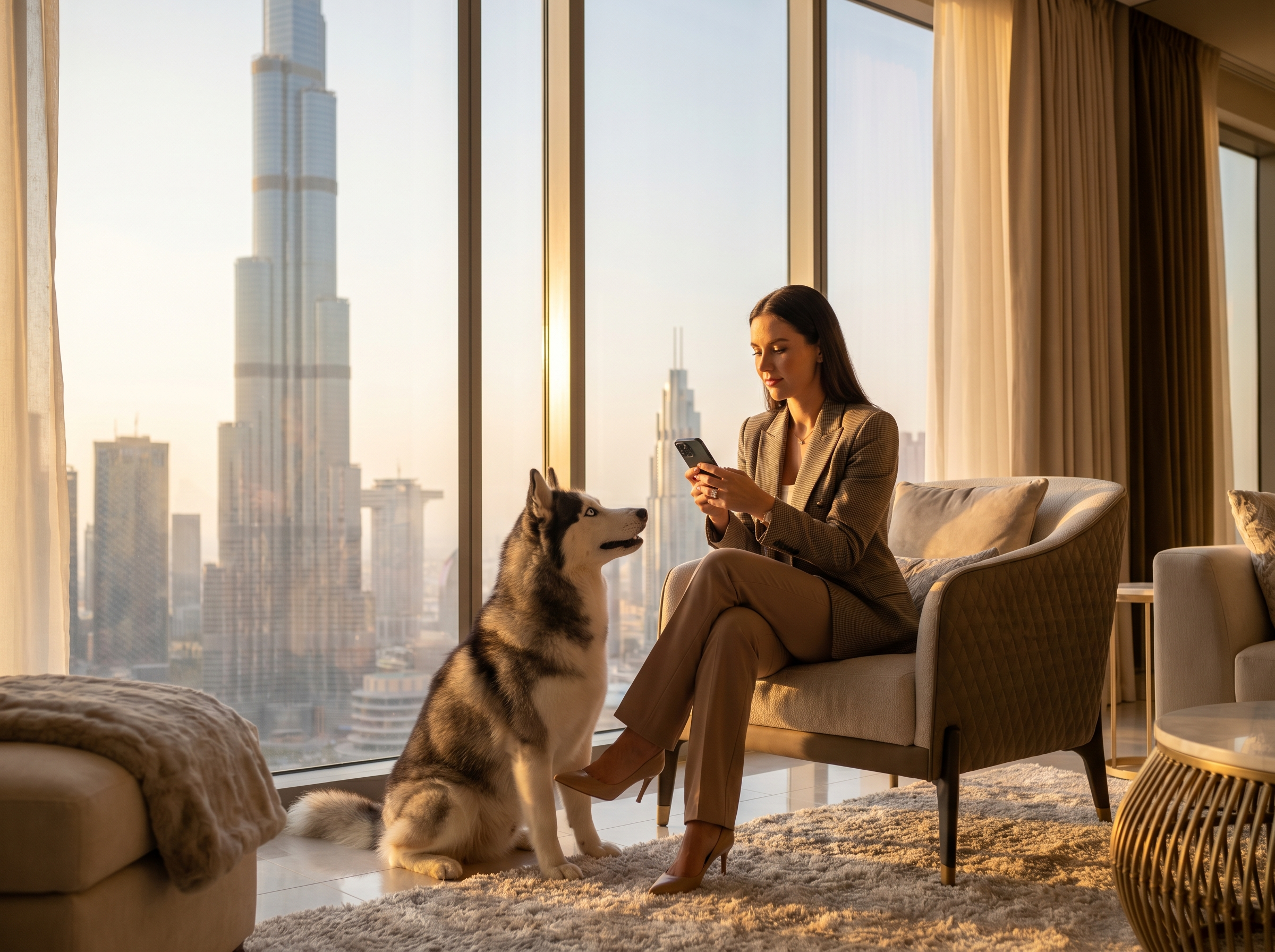 A woman photographing a husky in a Dubai apartment with the Burj Khalifa beyond