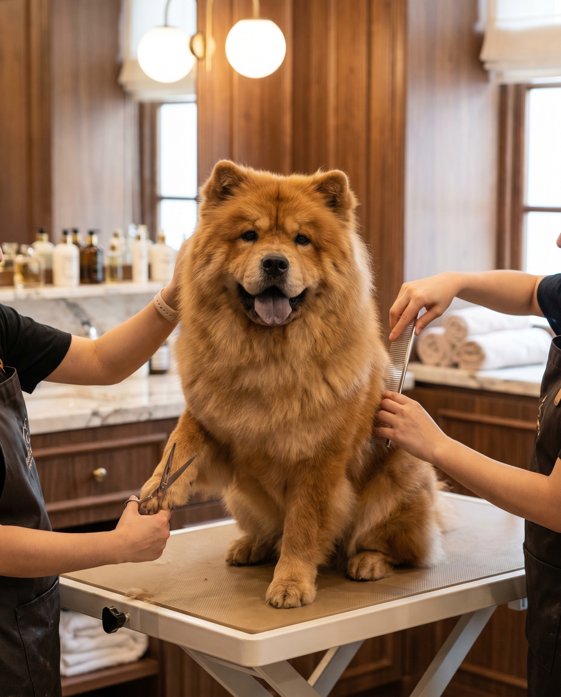 Chow chow being groomed in a Dubai salon