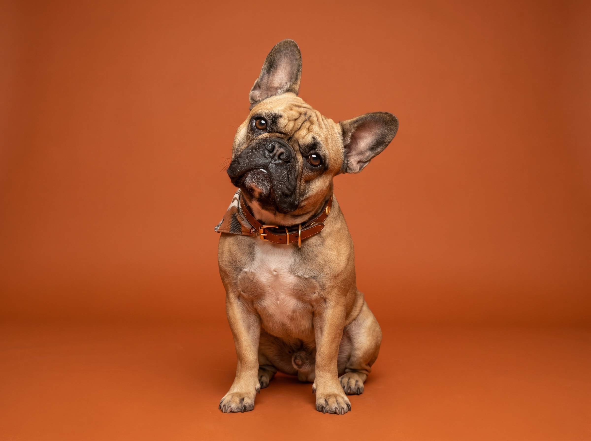 A French Bulldog portrait against a warm terracotta backdrop