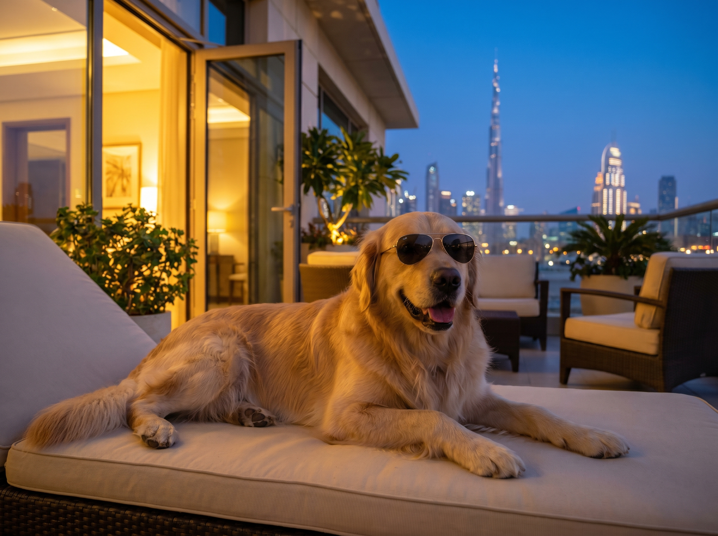 Golden retriever on a Dubai rooftop at dusk