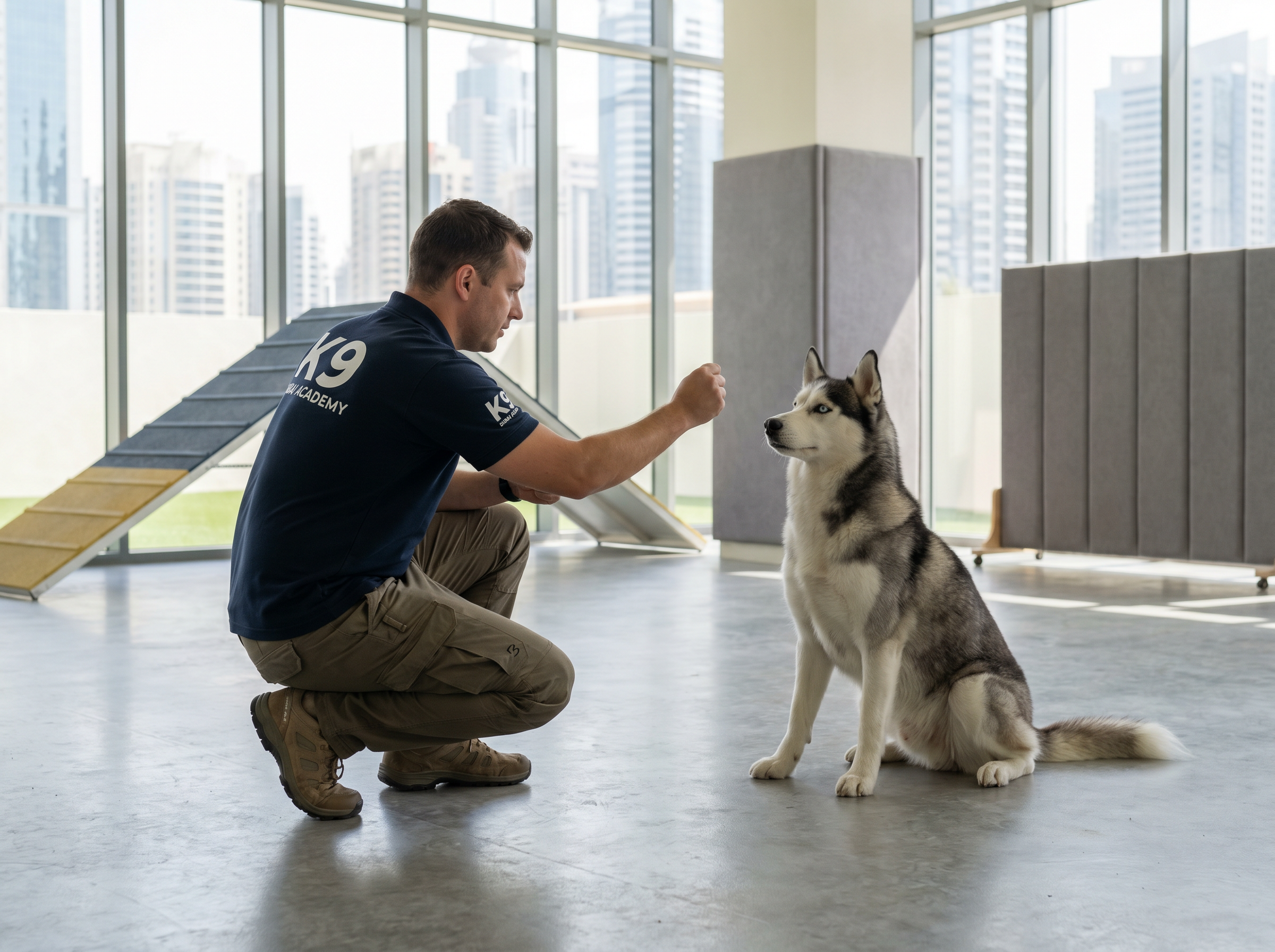 Trainer working with a husky in a Dubai studio