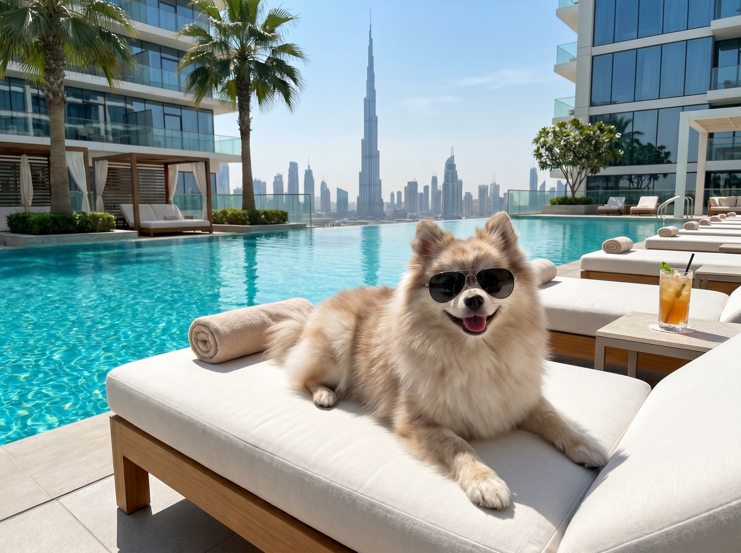 Sye, a pomeranian, lounging by a Dubai rooftop pool with the Burj Khalifa beyond
